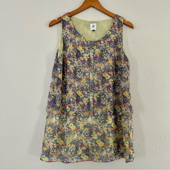 CAbi Positano Yellow Floral Layered Tank Top Tunic Blouse Medium Easter Spring - Picture 2 of 8
